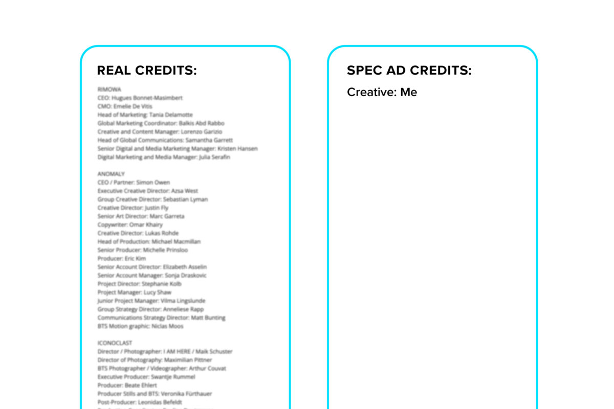 list of real credits to ads vs list of spec ads credits